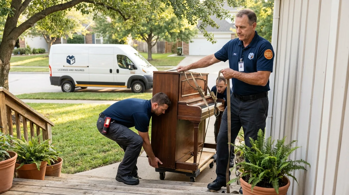 Licensed piano movers securing grand piano in Utica, OH