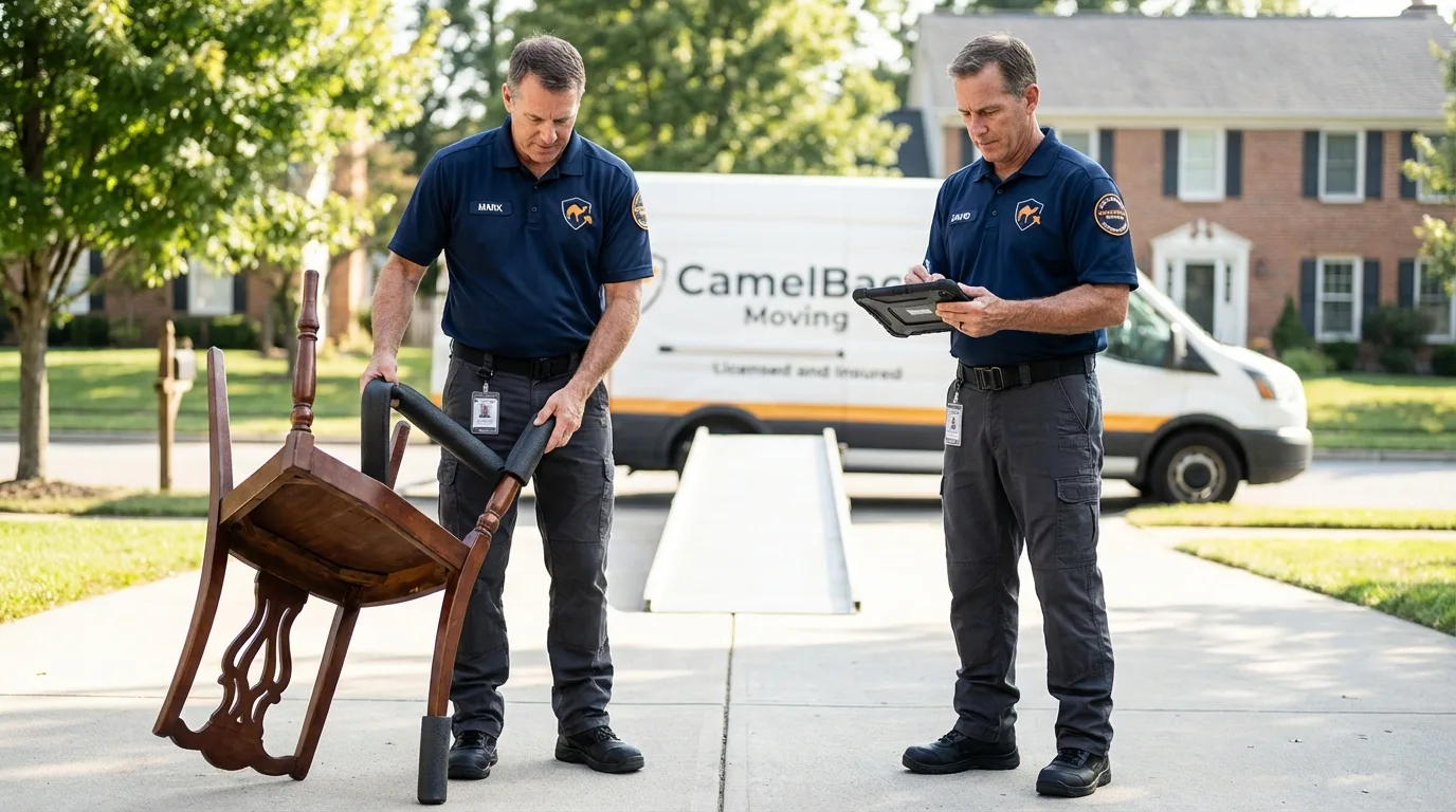 Movers inspecting furniture for damage prevention before loading in Utica, OH