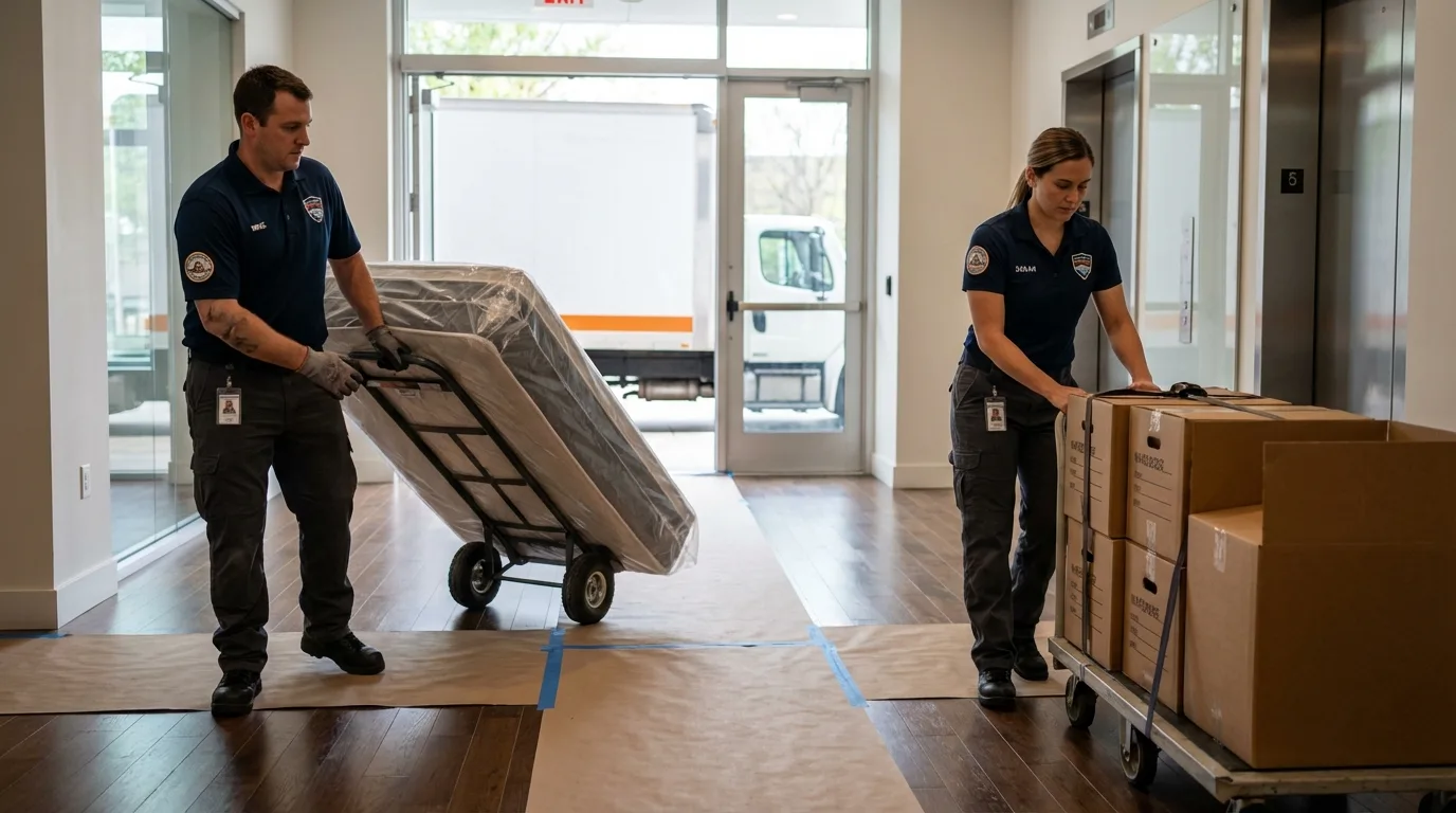 Professional apartment movers loading elevator in Utica, OH